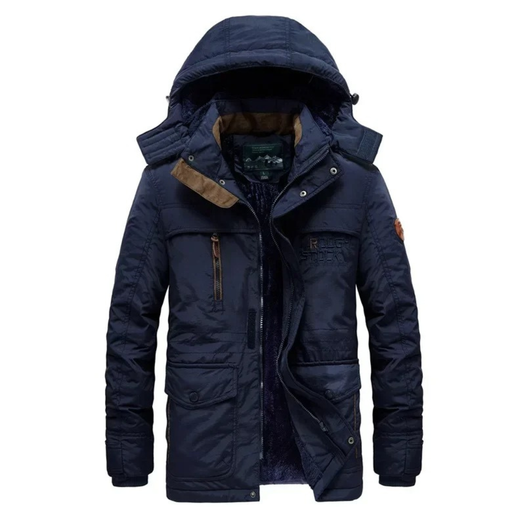 Robust parka jacket for men with detachable hood and pockets