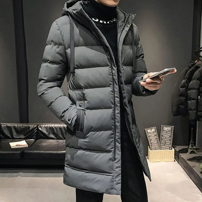 Puffer jacket men long with adjustable hood and side pockets