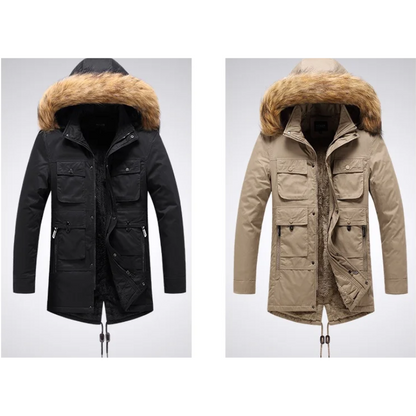 Men's parka winter jacket with fur hood and fleece lining