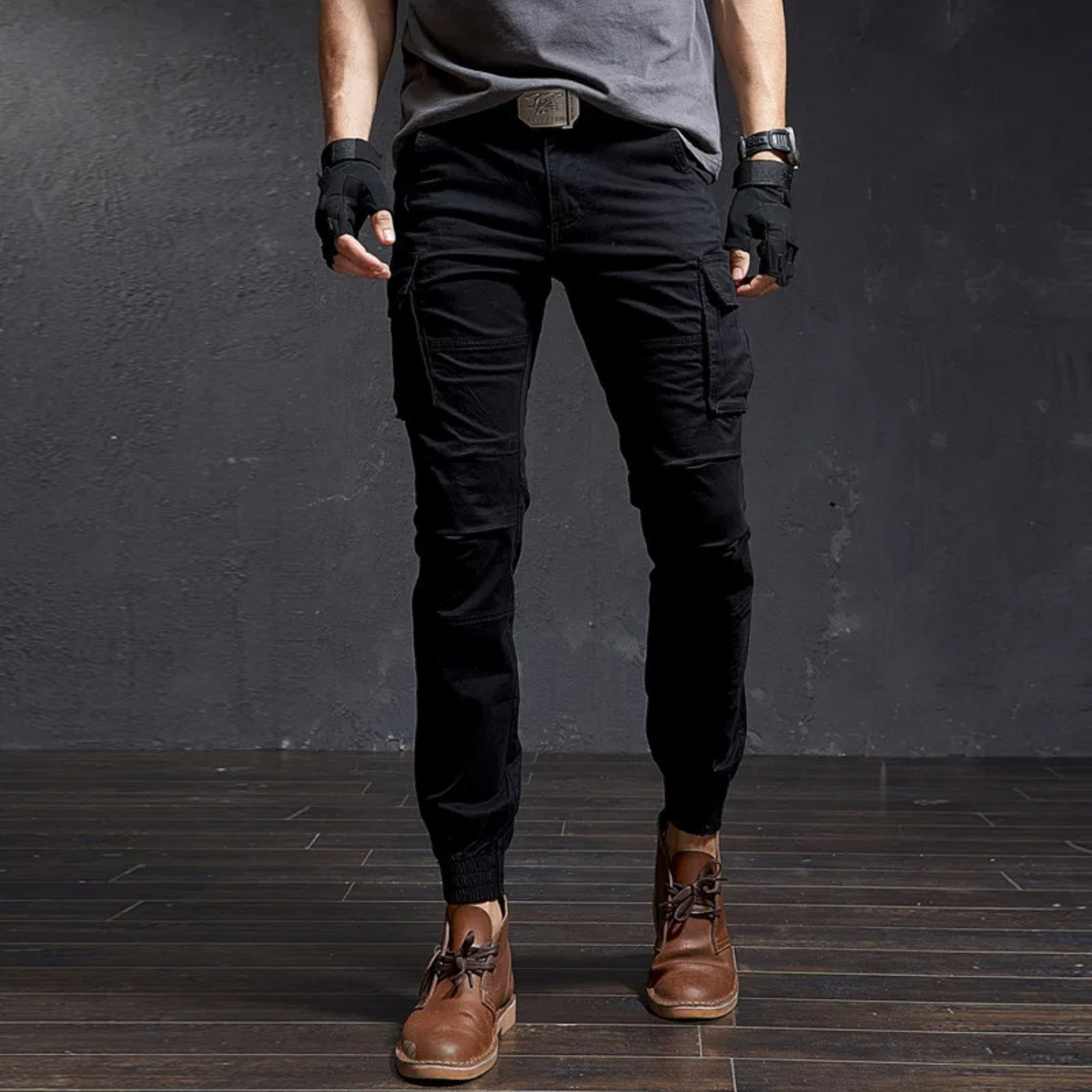 Military colour skinny long cargo pants men