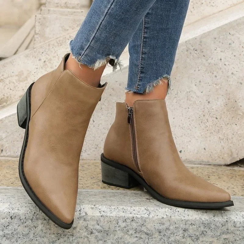 Stylish Ankle Boots with Zipper and Block Heel - Women's Ankle Boots