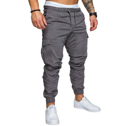 Multi-pocket long cargo trousers with drawstring for men