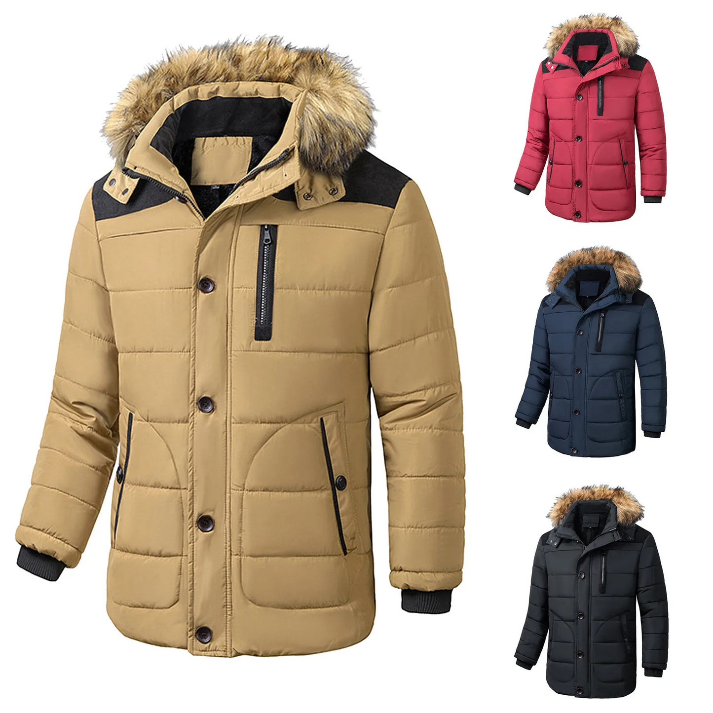 Men's parka winter jacket with detachable fur hood and zip fastening