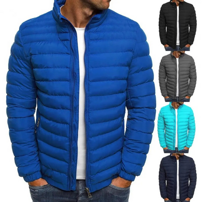 Men's puffer jacket with stand-up collar and front zip