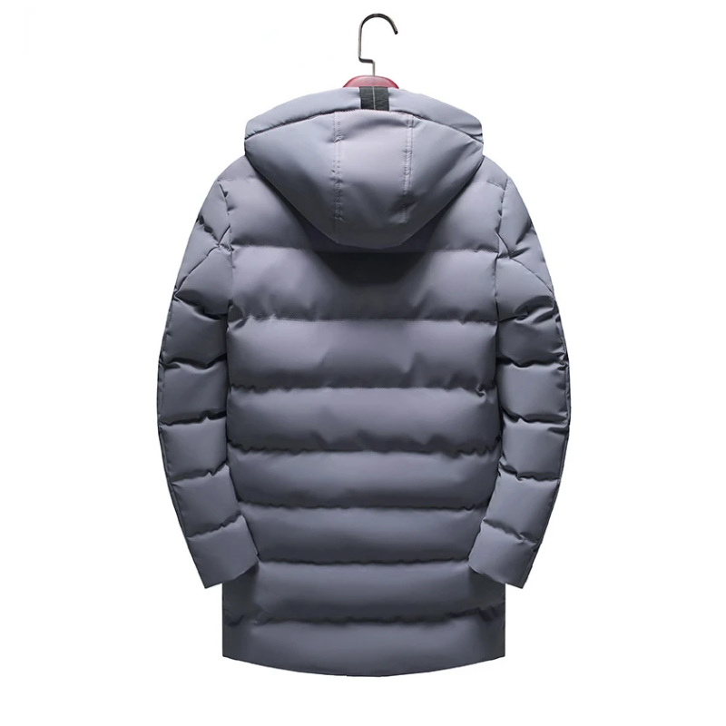 Men's long puffer jacket with hood and several pockets