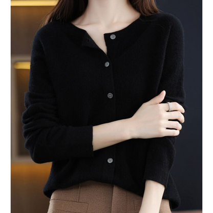 Pure Wool Ladies O-neck Cardigan Cashmere Sweater