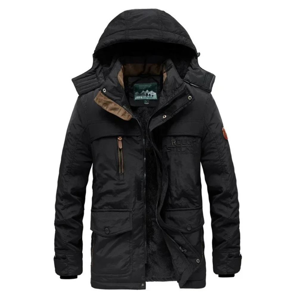 Robust parka jacket for men with detachable hood and pockets