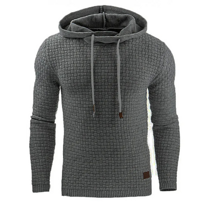 Men's sweater with hood, structured knitted jumper with drawstring