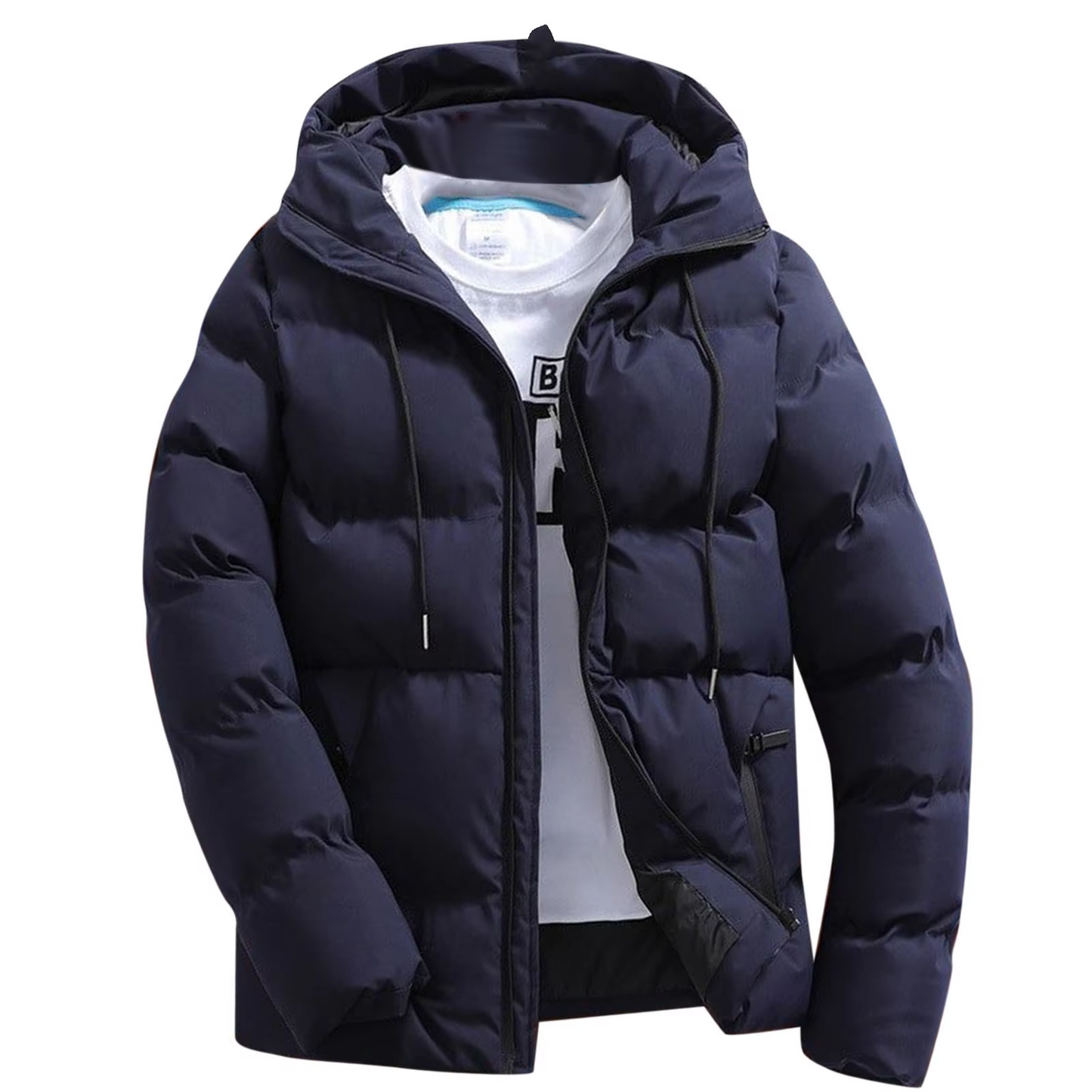 Men's puffer jacket with hood and zip front