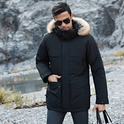 Men's parka winter jacket with fur hood and thick padding