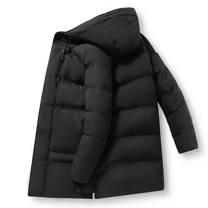 Men's long puffer jacket with adjustable hood and zip