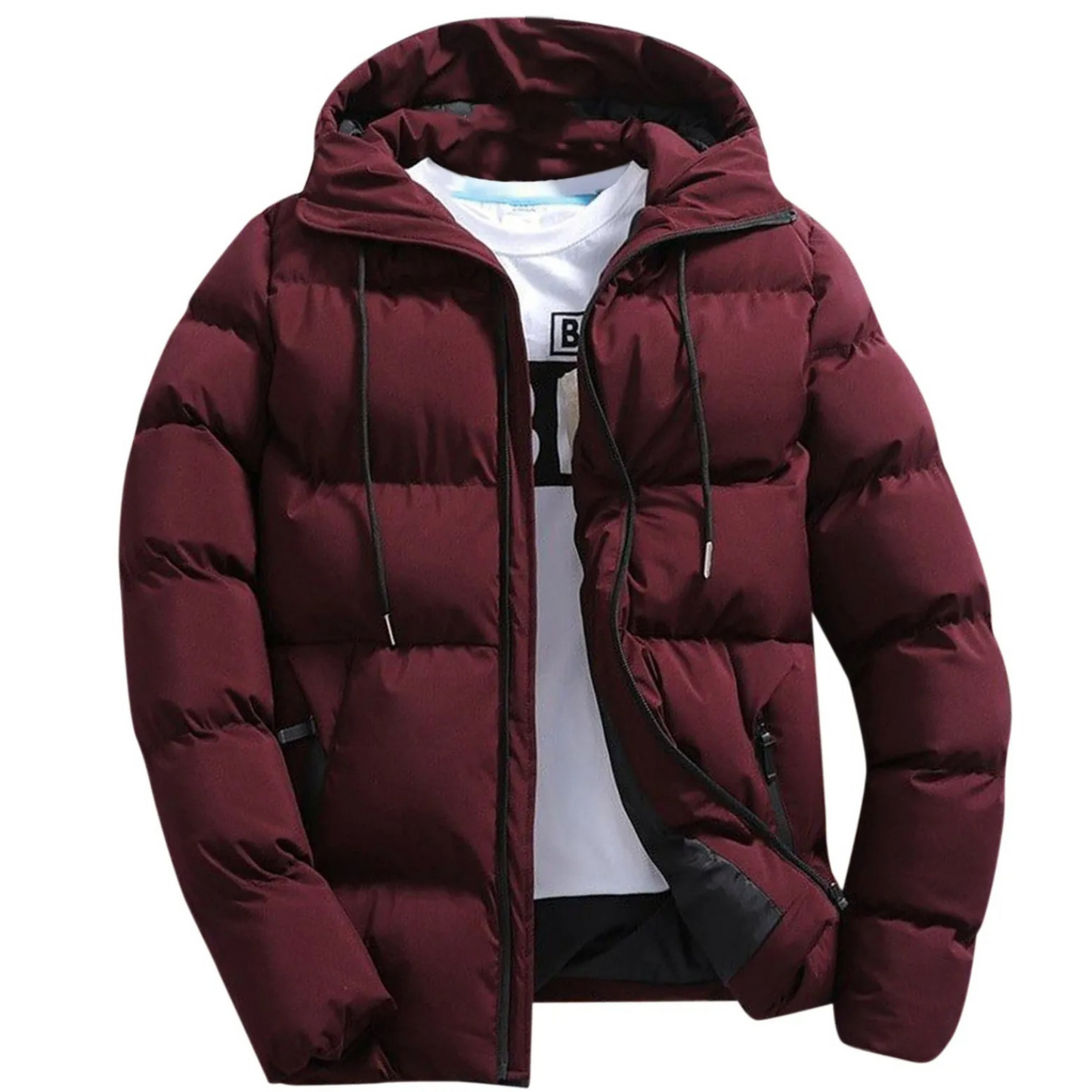 Men's puffer jacket with hood and zip pockets