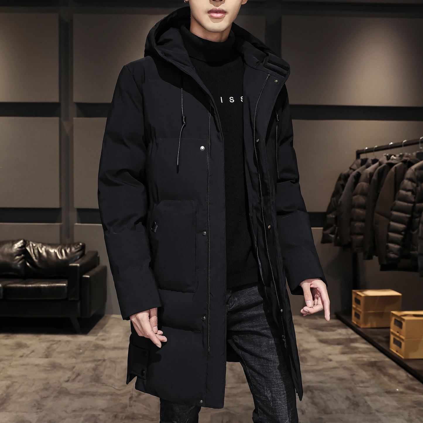 Puffer jacket men long with hood and practical pockets