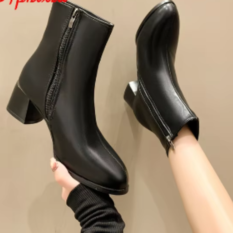 Women's Leather Ankle Boots with Side Zip - Women's Ankle Boots