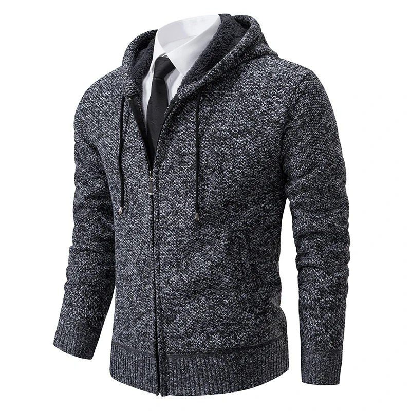 Men's sweater with hood, knitted cardigan with zip and drawstring