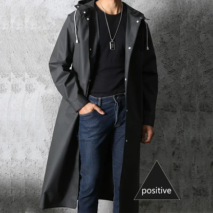 Men's long waterproof mackintosh with hood and press studs