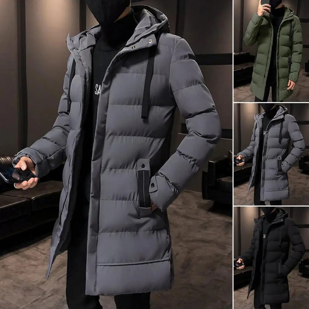 Men's long puffer jacket with large hood and zip pockets