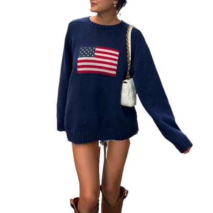 Knitted Pullover With American Flag Detail - Women's Sweater