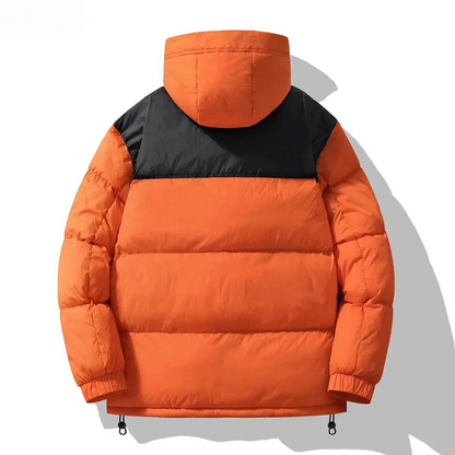 Men's puffer jacket with large hood and zip pockets