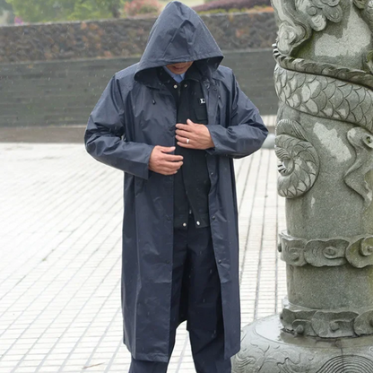 Men's long waterproof mackintosh with hood for outdoor use