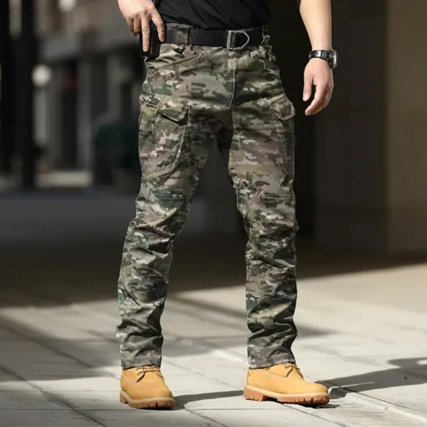 stretch fabric military colour multiple pocket cargo trousers mens