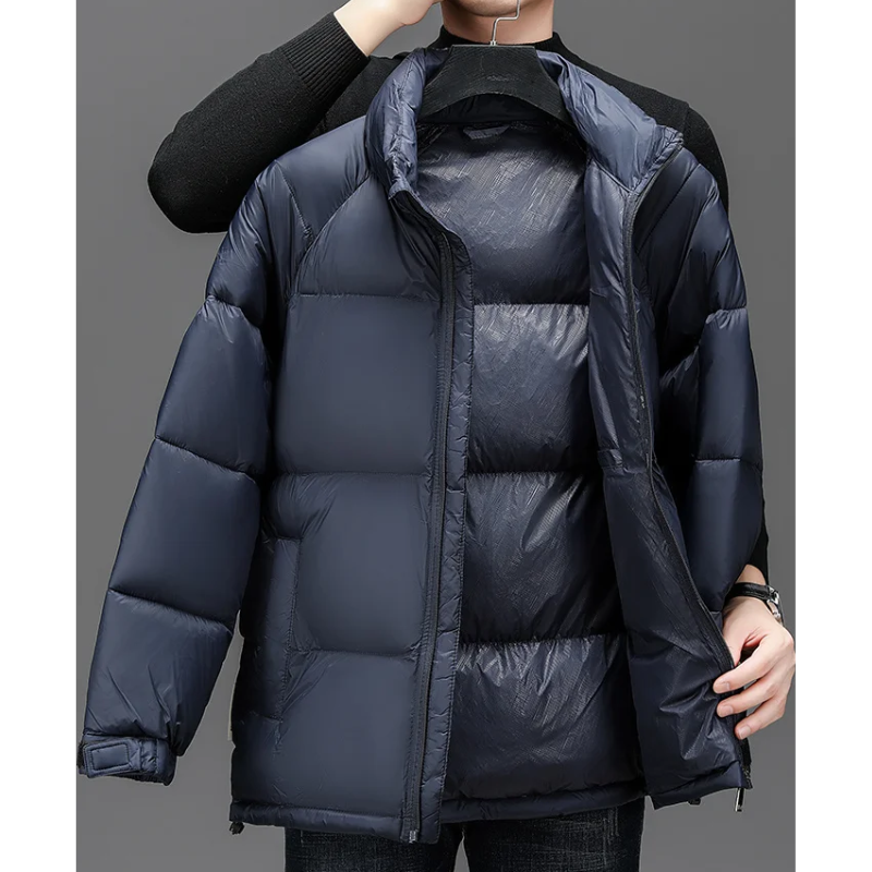 Men's puffer jacket with high collar and logo details