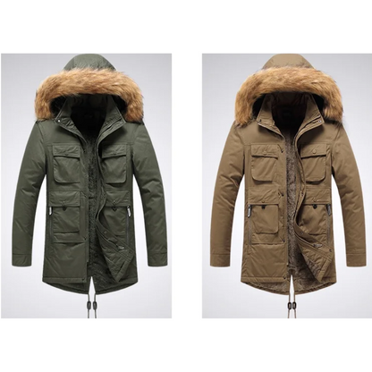 Men's parka winter jacket with fur hood and fleece lining