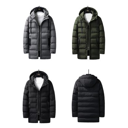 Puffer jacket men long with hood and several pockets