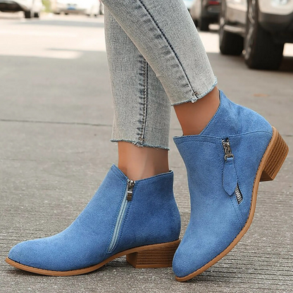 Women's Suede Ankle Boots with Zipper and Low Heel - Women's Ankle Boots