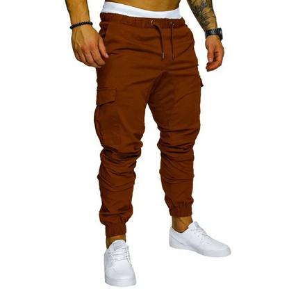 Multi-pocket long cargo trousers with drawstring for men