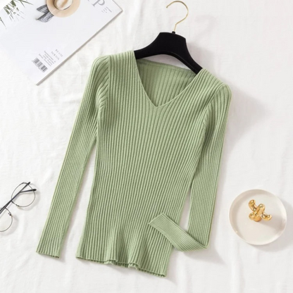 Slim-Fit Ribbed V-Neck Pullover For A Chic Look - Women's Sweater