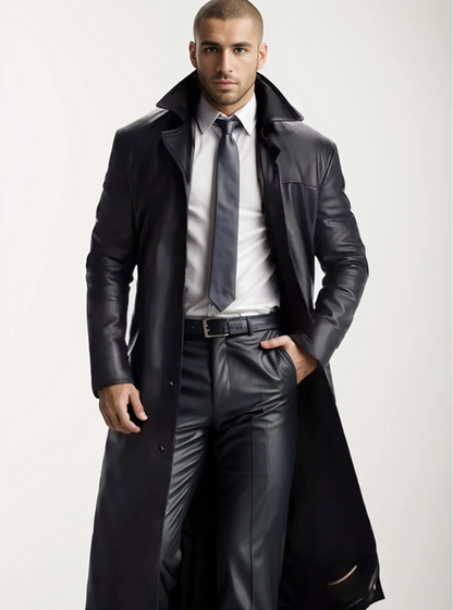 Modern men's coat - Long leather coat with classic lapels