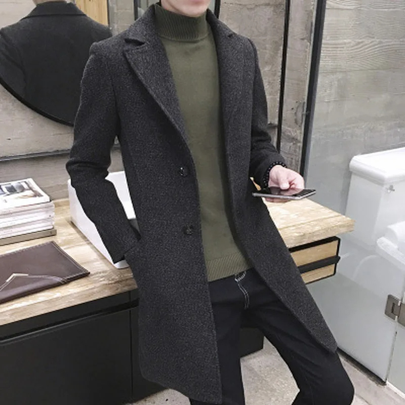 Elegant men's coat - slim-fit wool coat with lapel collar