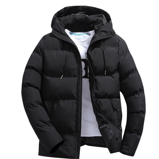 Men's puffer jacket with hood and zip pockets