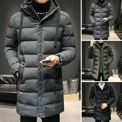 Puffer jacket men long with adjustable hood and side pockets