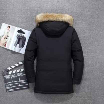 Men's parka winter jacket with fur hood and thick padding