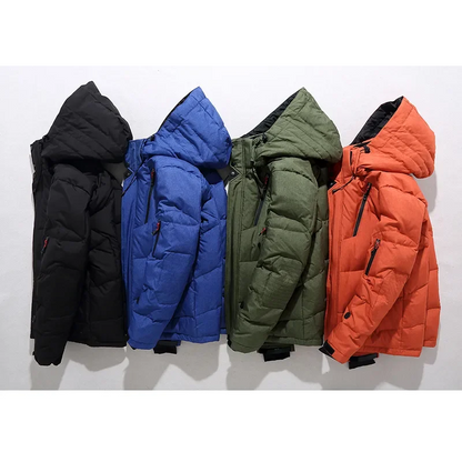 Men's puffer jacket with hood and multiple pockets