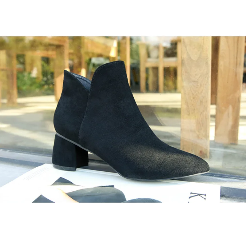 Pointed Ankle Boots with Block Heel - Women's Ankle Boots