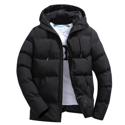 Men's puffer jacket with hood and zip front