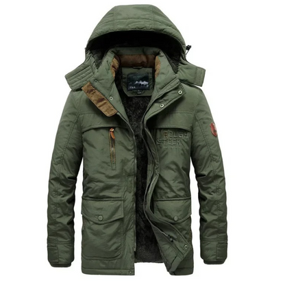 Robust parka jacket for men with detachable hood and pockets