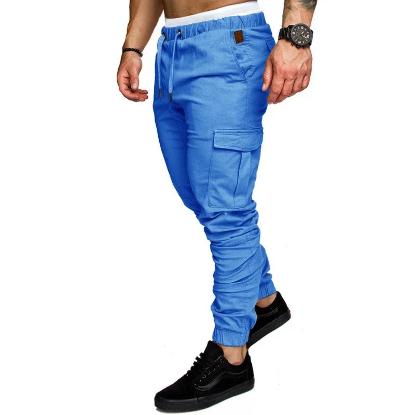 Multi-pocket long cargo trousers with drawstring for men