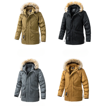 Men's parka winter jacket with fur hood and zip pockets