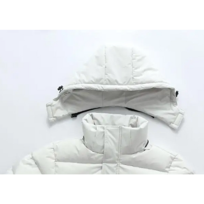 Men's long puffer jacket with insulated hood and full-length zip