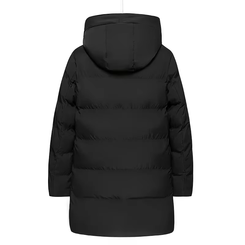 Men's long puffer jacket with adjustable hood and zip