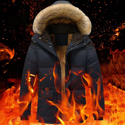 Men's puffer jacket with fur hood and warm lining