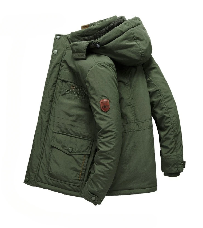 Men's parka winter jacket with fur hood and many pockets