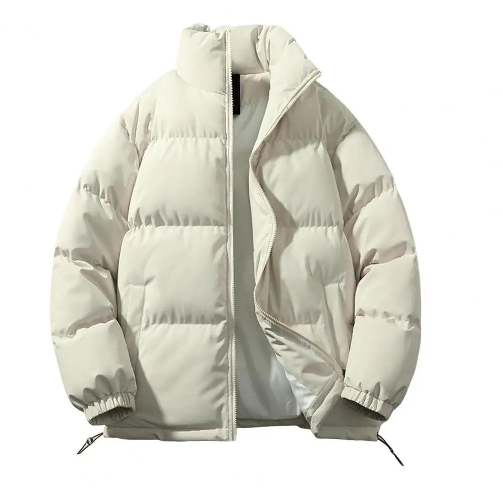 Men's puffer jacket with stand-up collar and adjustable hem