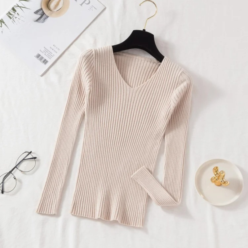 Slim-Fit Ribbed V-Neck Pullover For A Chic Look - Women's Sweater