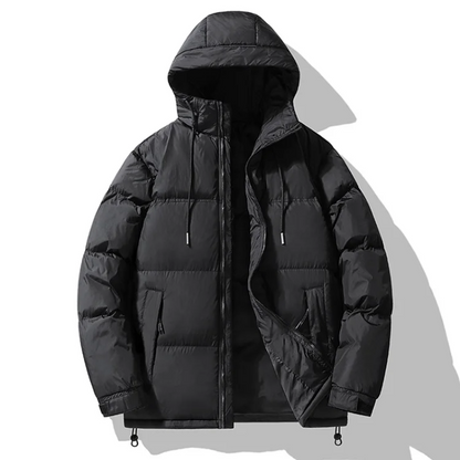 Men's puffer jacket with large hood and zip pockets