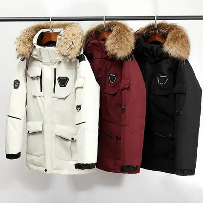 Men's parka winter jacket with fur hood and several pockets